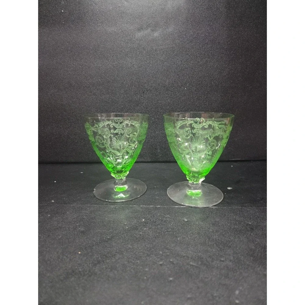 Fostoria Versailles Etched‎ Cocktail Glasses, Set of 2, Vtg Footed Uranium Glass